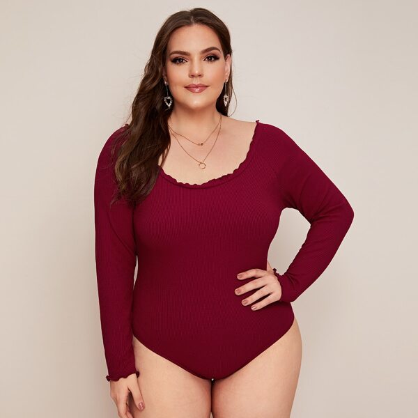 

Plus Frill Trim Rib-knit Bodysuit, Burgundy
