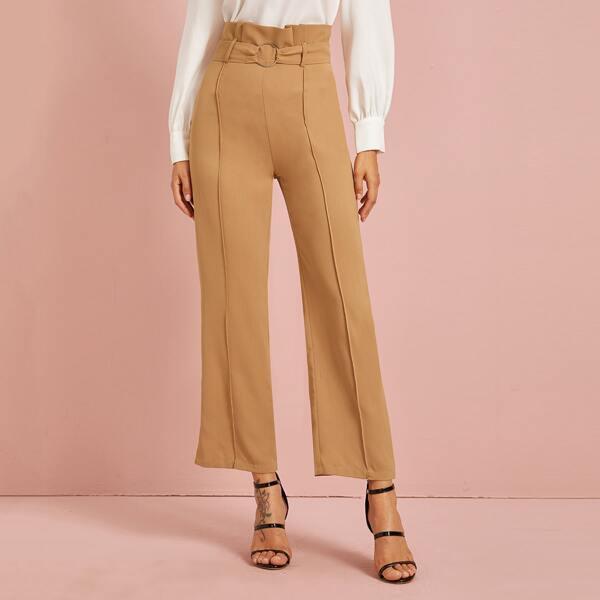 

Paperbag Waist Ring Belted Straight Leg Pants, Khaki pastel