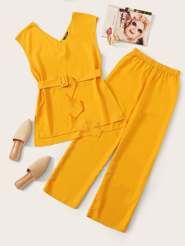 

Buckle Belted Top & Wide Leg Pants Set Without Tee, Yellow, Gabe
