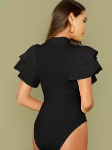 SHEIN Privé 小高領多層誇張蝴蝶袖合身連體衣 - 黑色 - 查看 2