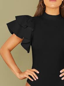 SHEIN Privé 小高領多層誇張蝴蝶袖合身連體衣 - 黑色 - 查看 4