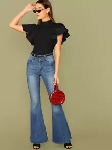 SHEIN Privé 小高領多層誇張蝴蝶袖合身連體衣 - 黑色 - 查看 5