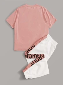 SHEIN 短袖t恤和拼接側接縫慢跑者套裝 - 彩色 - 查看 2