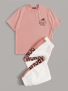 SHEIN 短袖t恤和拼接側接縫慢跑者套裝 - 彩色 - 查看 3