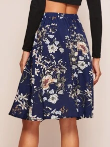 SHEIN Clasi Floral Print Tie Waist A-line Skirt - Navy Blue - View 2