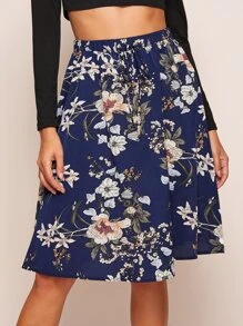 SHEIN Clasi Floral Print Tie Waist A-line Skirt - Navy Blue - View 3