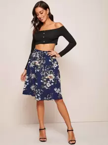 SHEIN Clasi Floral Print Tie Waist A-line Skirt - Navy Blue - View 4