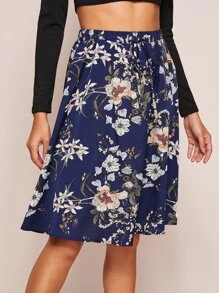 SHEIN Clasi Floral Print Tie Waist A-line Skirt - Navy Blue - View 5