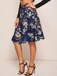 SHEIN Clasi Floral Print Tie Waist A-line Skirt - Navy Blue - View 1