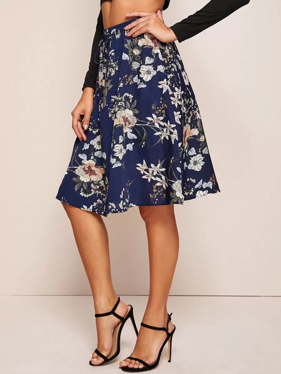 SHEIN Clasi Floral Print Tie Waist A-line Skirt - Navy Blue - View 1
