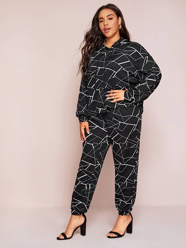 

Plus Geo Print Drawstring Hoodie & Sweatpants Set, Black, Emilie