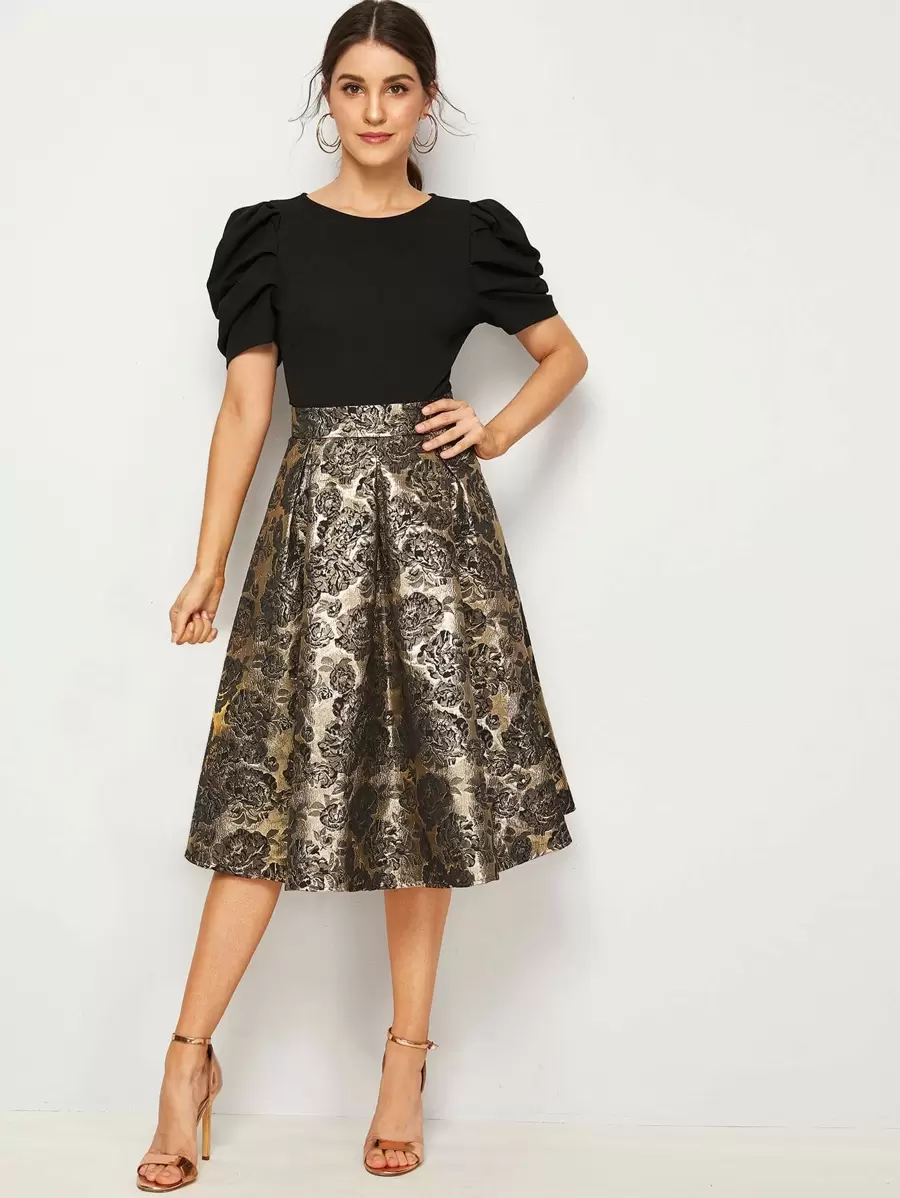 SHEIN Clasi Vestido amplio jacquard unicolor de manga farol - Multicolor - Ver 1