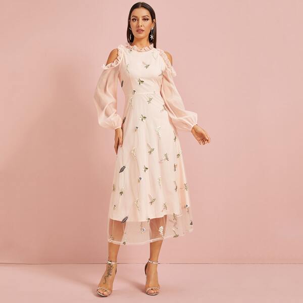 

Ruffle Trim Cold Shoulder Embroidery Mesh Overlay Dress, Pink