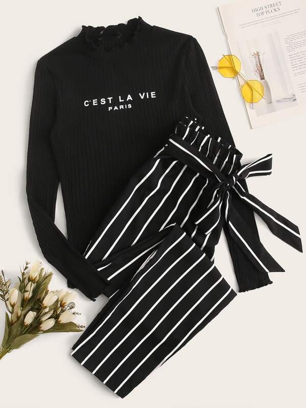 

Lettuce Trim Ribbed Tee & Paperbag Waist Striped Pants Set, Black, Mary P.