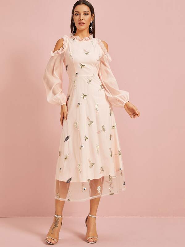 

Ruffle Trim Cold Shoulder Embroidery Mesh Overlay Dress, Pink, ZulcarD