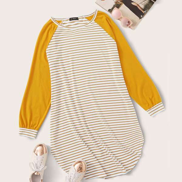 

Plus Raglan Sleeve Curved Hem Striped Dress