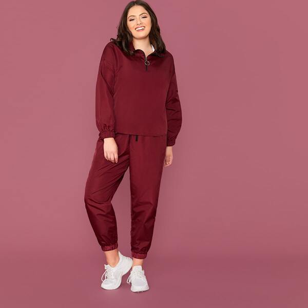 

Plus Zip Half Placket Jacket & Joggers Set, Burgundy