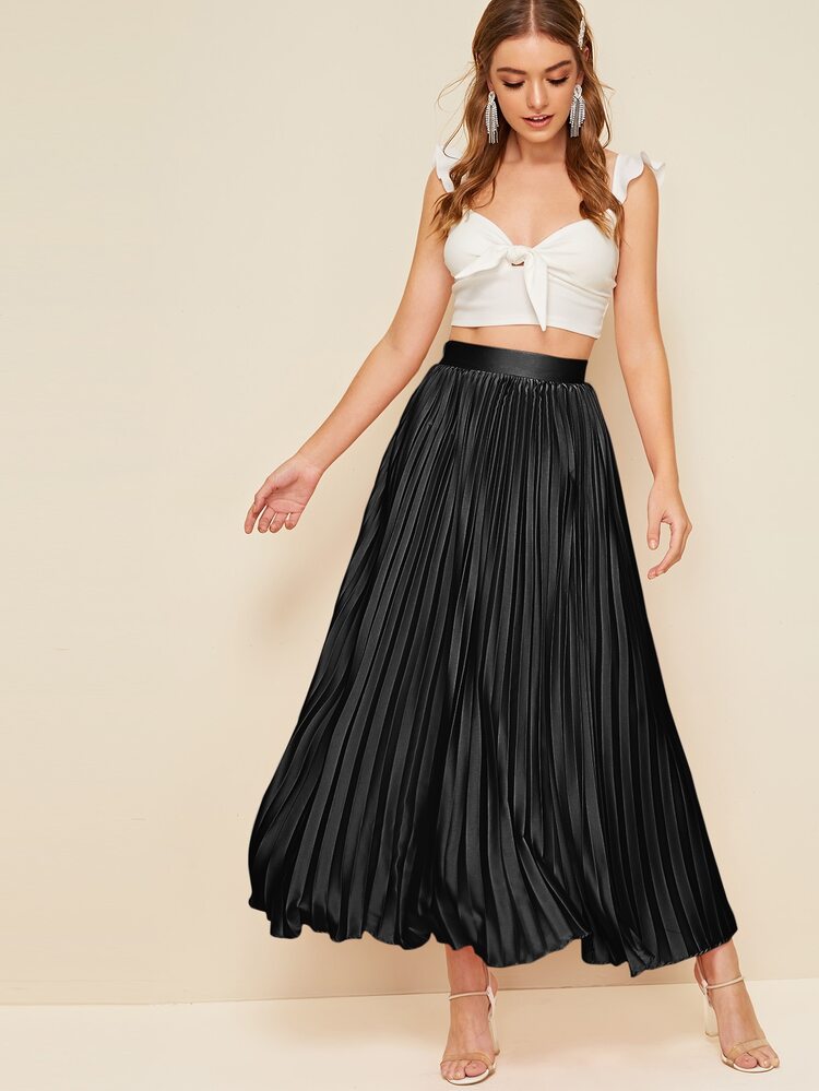SHEIN Zip Side Pleated Maxi Skirt - Black - View 3