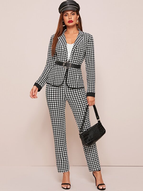 

Notched Collar Houndstooth Blazer & Pants Set Without Belt, Black and white, Andy