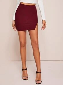 SHEIN Essnce 開衩大腿包臀半身裙 - 酒紅色 - 查看 1