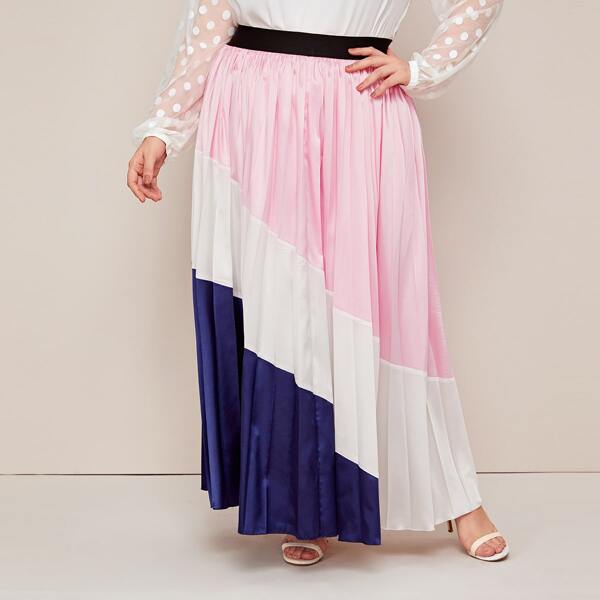 

Plus Colorblock Pleated Satin Skirt, Multicolor