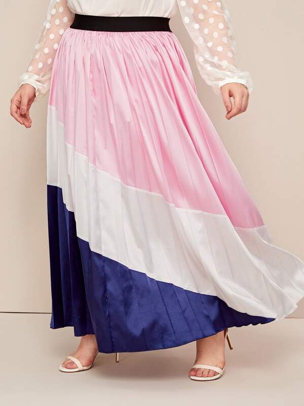 

Plus Colorblock Pleated Satin Skirt, Multicolor, Ella
