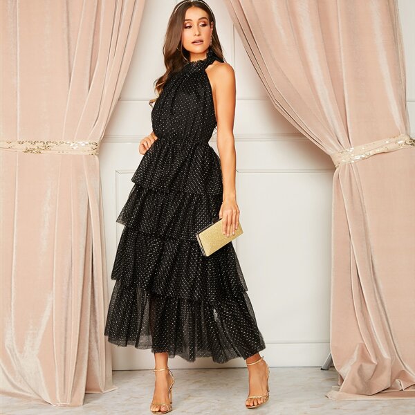 

Open Back Layered Dot Mesh Ruffle Hem Halter Dress, Black