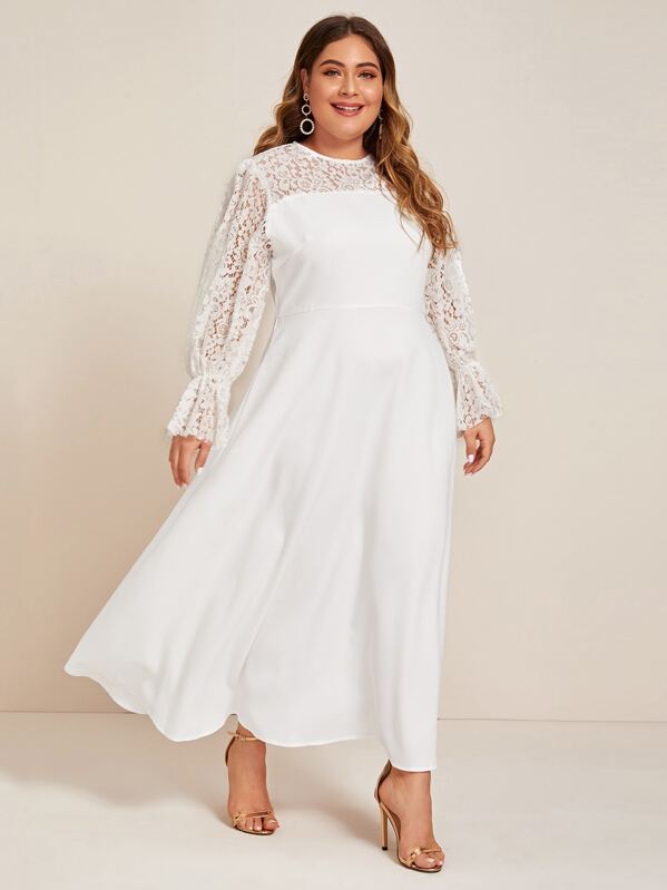 

Plus Floral Lace Yoke Bell Sleeve Dress Without Belt, White, Carol