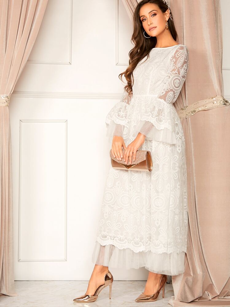 Modelyn Vestido con malla con bordado de manga campanuda - Blanco - Añade 3