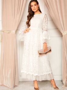 Modelyn Bell Sleeve Embroidered Mesh Dress - White - View 5