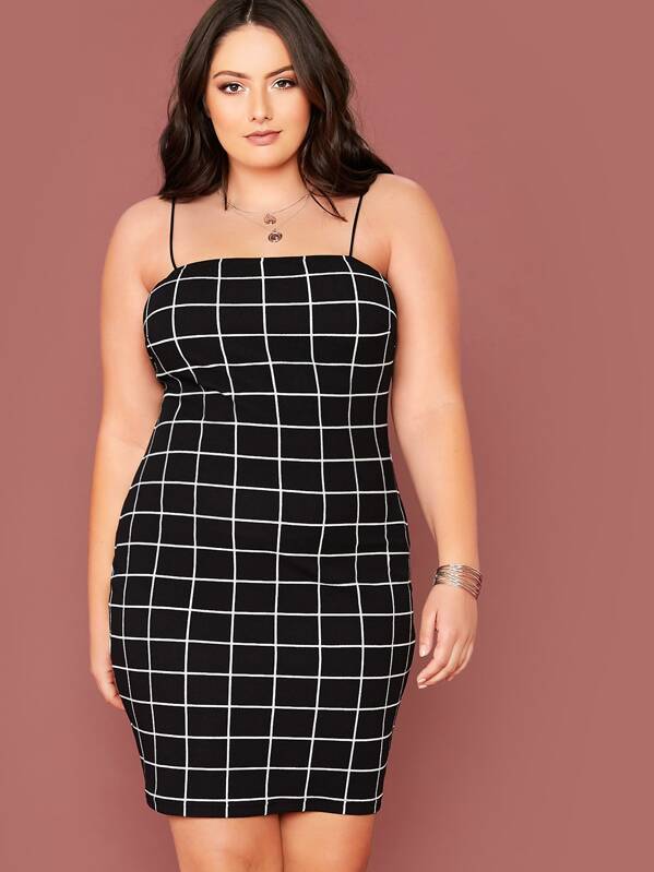 

Plus Grid Print Cami Bodycon Dress, Black, Marcelle Pallais