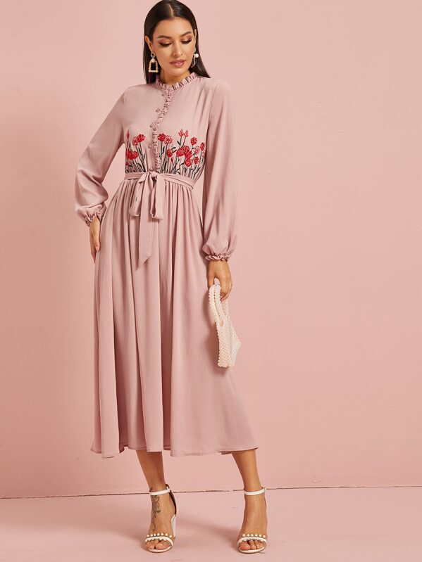 

Buttoned Front Frill Trim Embroidery Belted Dress, Pink, ZulcarD