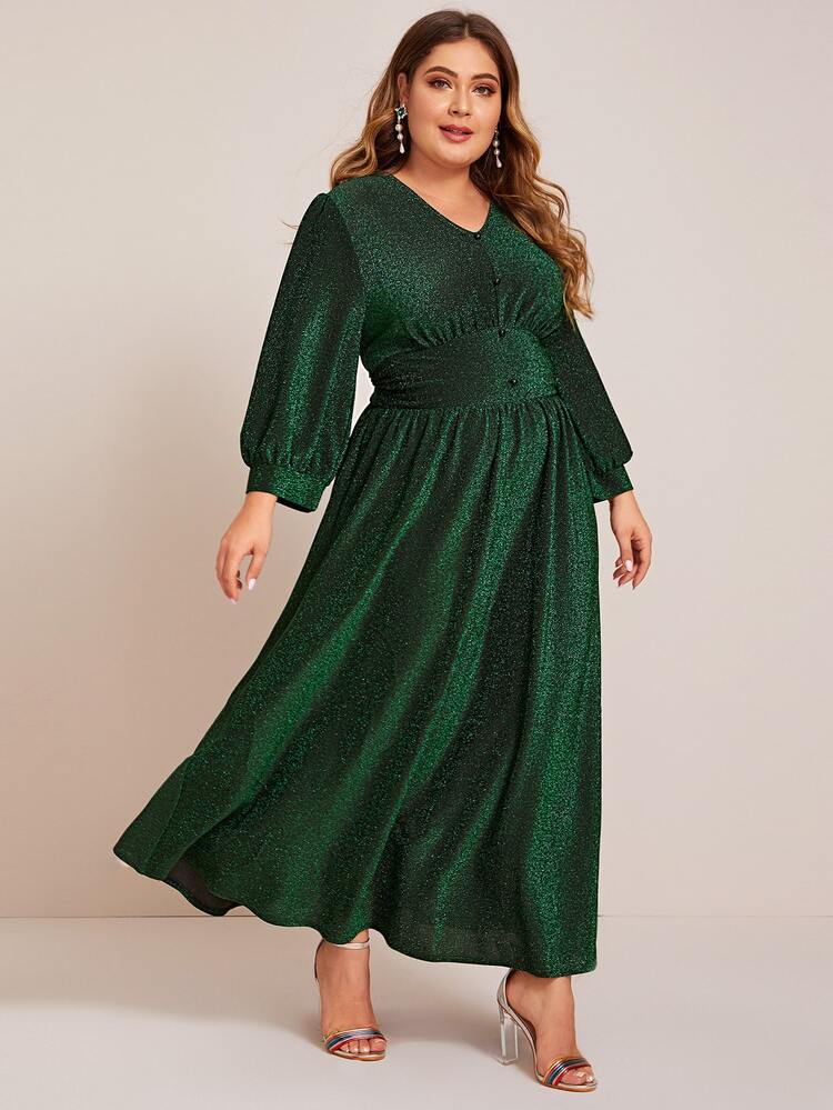 Plus Button Front High Waist Glitter Dress