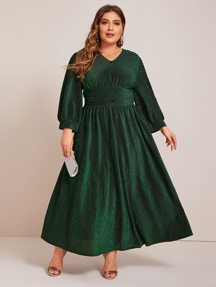 Plus Button Front High Waist Glitter Dress