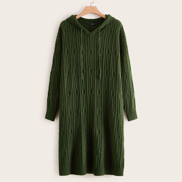 

Plus Cable Knit Drawstring Hooded Sweater Dress, Army green