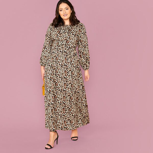 

Plus Lantern Sleeve Leopard Dress, Multicolor