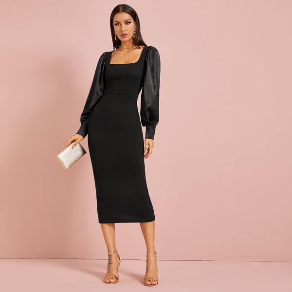 

Satin Balloon Sleeve Split Pencil Dress, Black