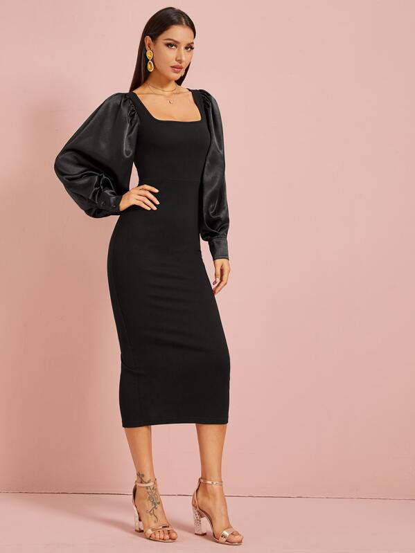 

Satin Balloon Sleeve Split Pencil Dress, Black, ZulcarD