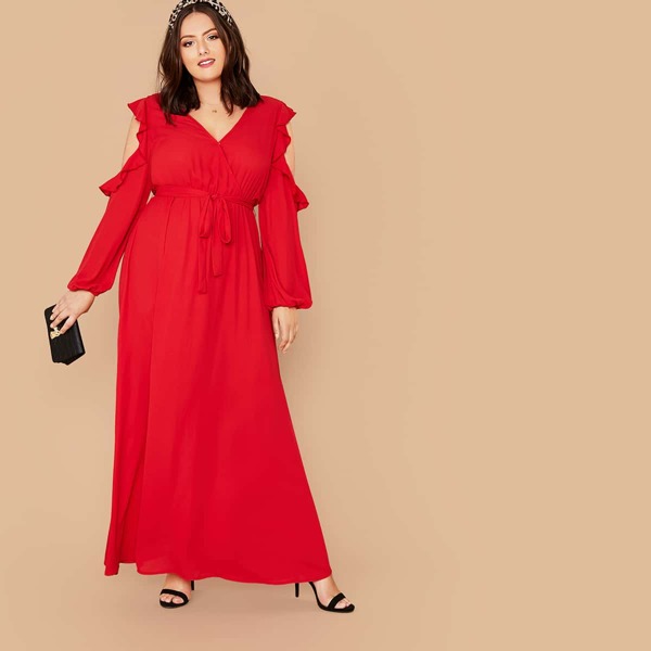 

Plus Surplice Neck Open Shoulder Ruffle Trim Belted Dress, Red bright