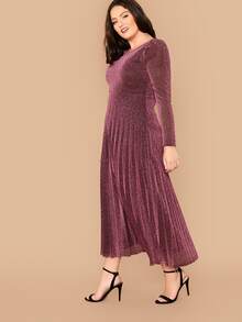 Modelyn 大碼羊腿袖百褶閃亮洋裝不帶腰帶 - 酒紅色 - 查看 3