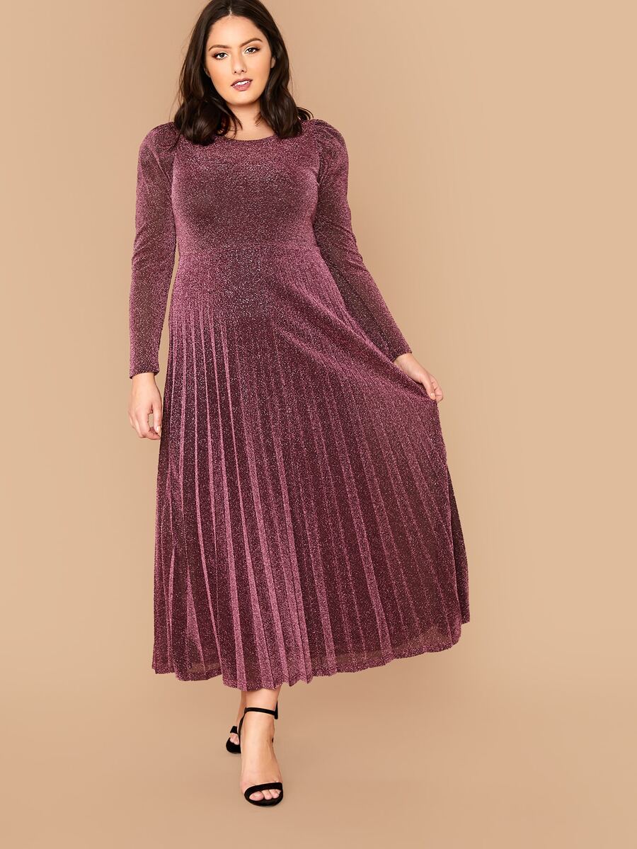 Modelyn 大碼羊腿袖百褶閃亮洋裝不帶腰帶 - 酒紅色 - 查看 1