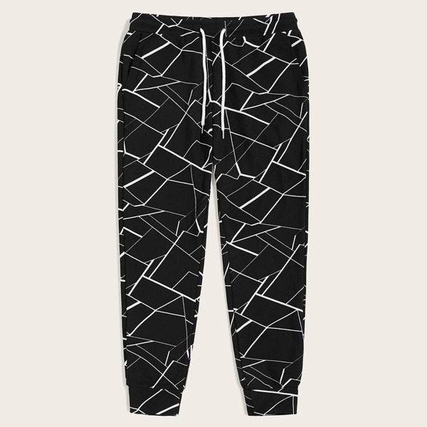 

Men Drawstring Waist Slant Pocket Geo Pants, Black