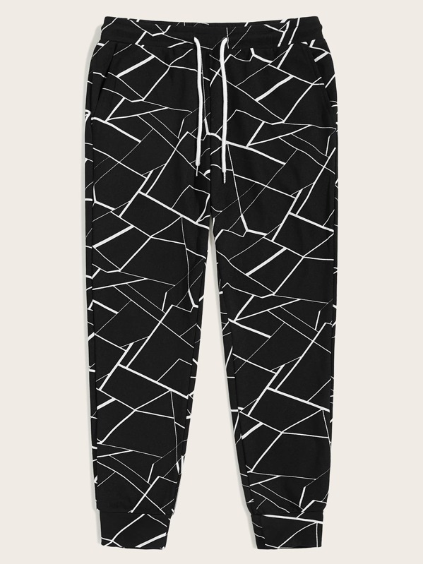 

Men Drawstring Waist Slant Pocket Geo Pants, Black