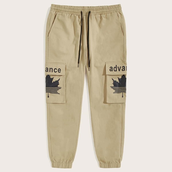 

Men Leaf and Letter Graphic Cargo Pants, Khaki pastel