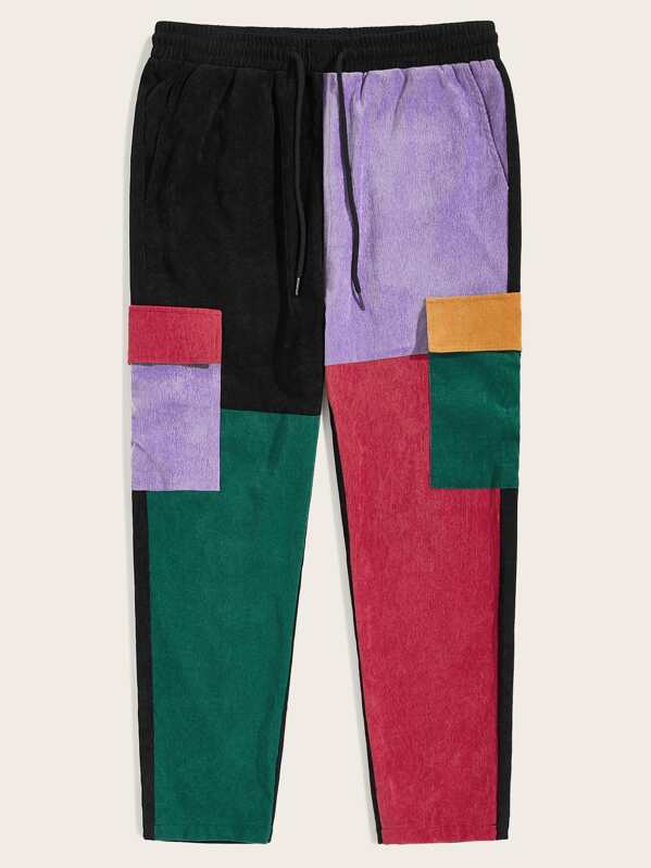 

Men Drawstring Waist Flap Pocket Side Cord Pants, Multicolor