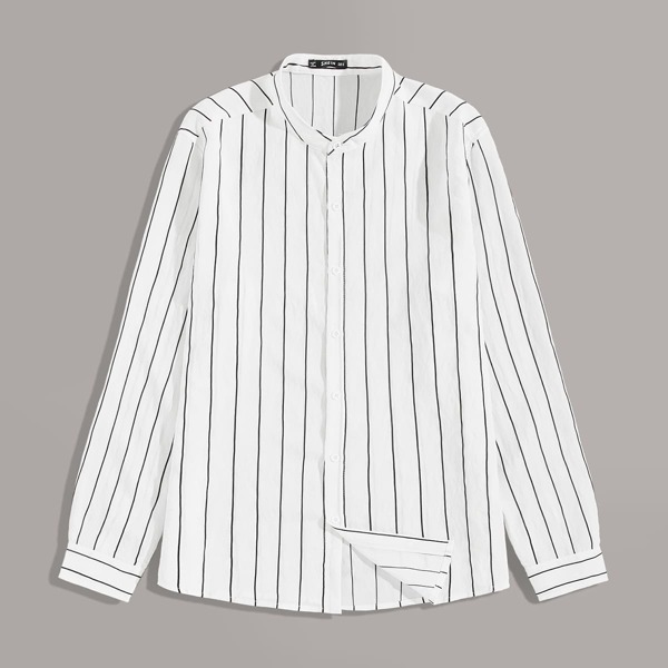 

Men Stand Collar Striped Shirt, White
