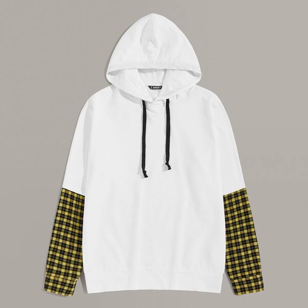 

Men Plaid Sleeve Drawstring Hoodie, White