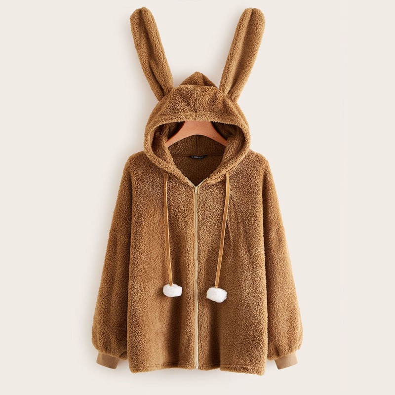 

Zip Front Pompom Detail Rabbit Ear Hooded Coat, Camel