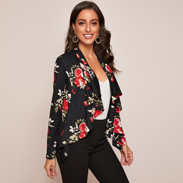 

Floral Print Draped Collar Hanky Hem Blazer, Black