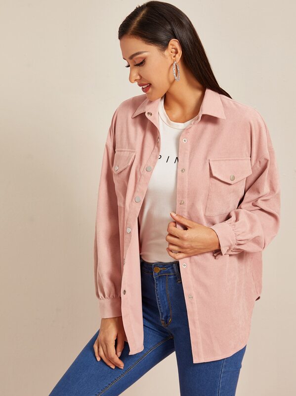 

Slogan Graphic Curved Hem Cord Trucker Coat, Pink, ZulcarD